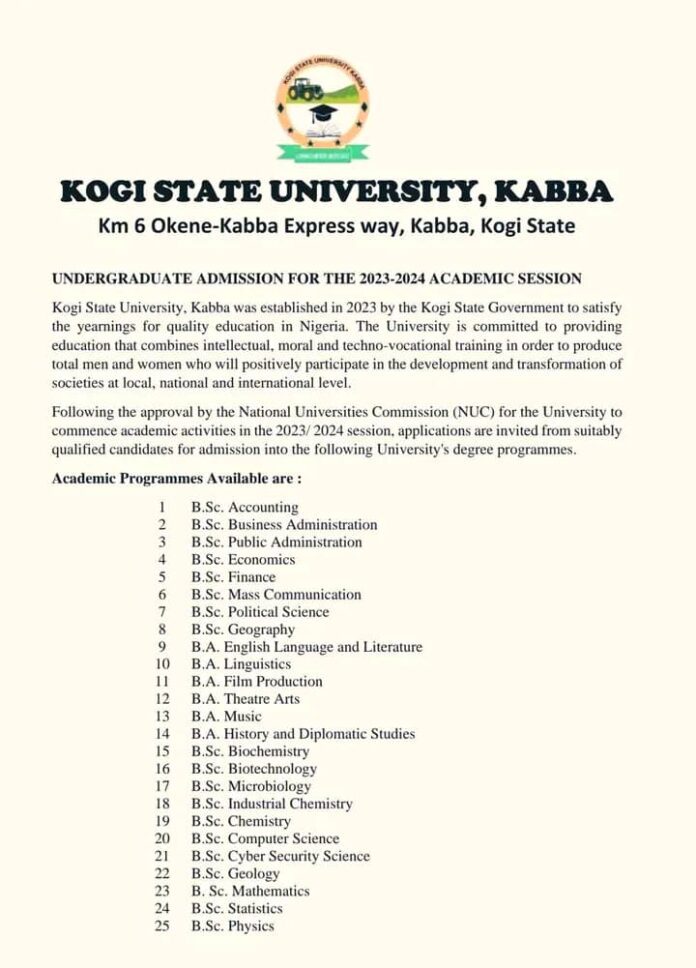 application process for undergraduate admission to Kogi State University Kabba
